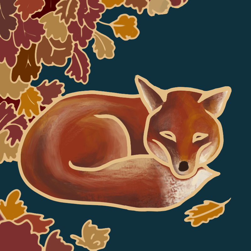 a rust-colored vixen curled up in a relaxed pose on a blue background with autumn leaves